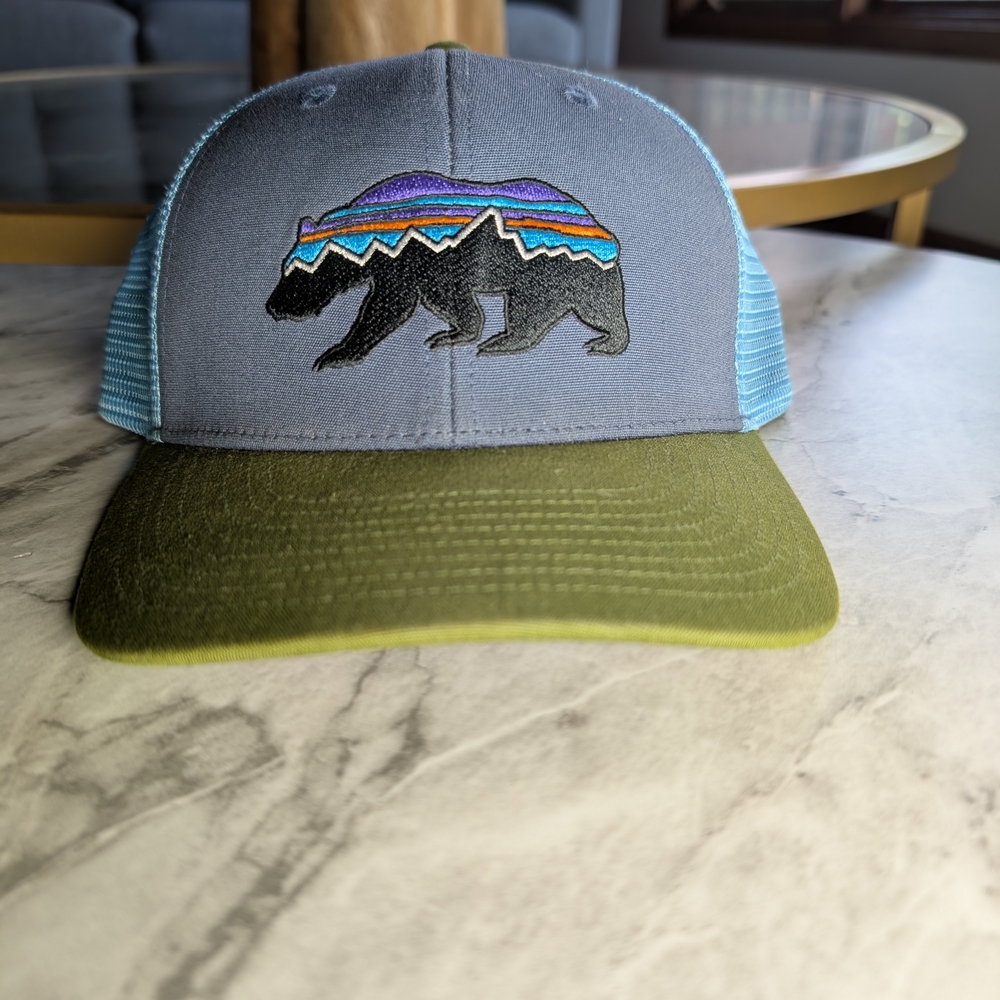 Patagonia Trucker Hat - Blue and Green with Bear Design